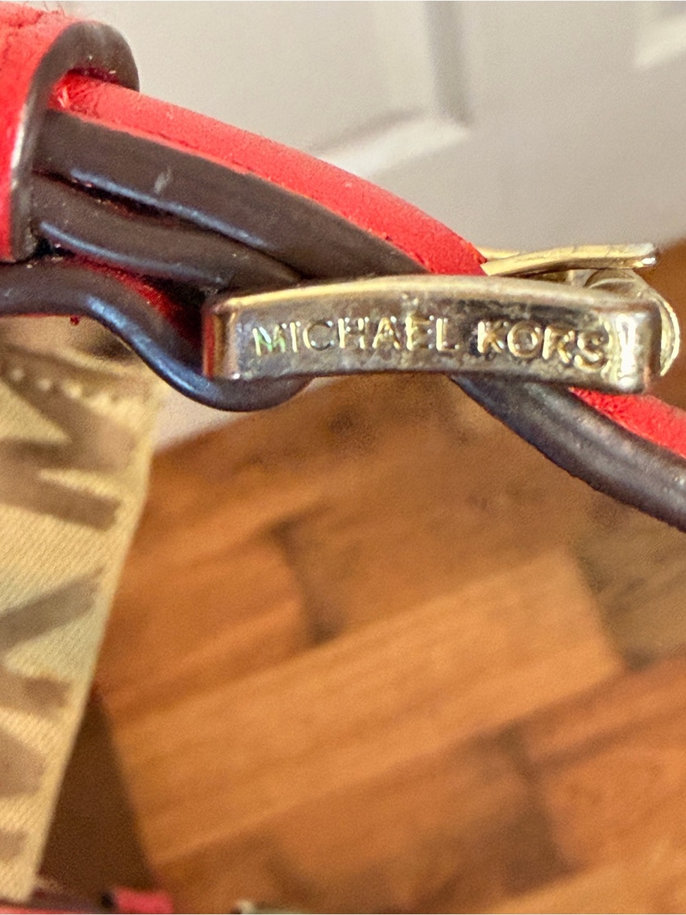 Michael Kors Tan MK Logo Tote with Red Handles - Picture 10 of 10